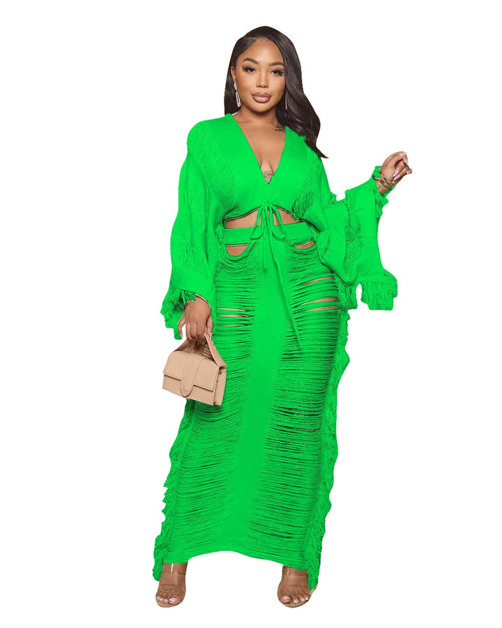 Levoire | Élégant Découpe Trous Franges Ensemble 2 Pièces ensemble vert