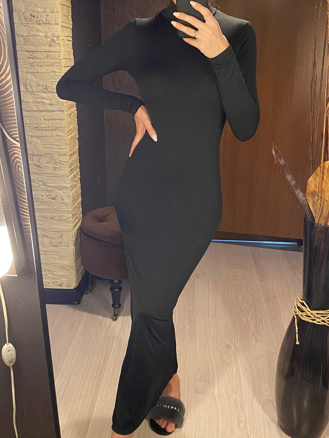Levoire | Noir Robe Maxi Détail À Manches Longues O-Cou