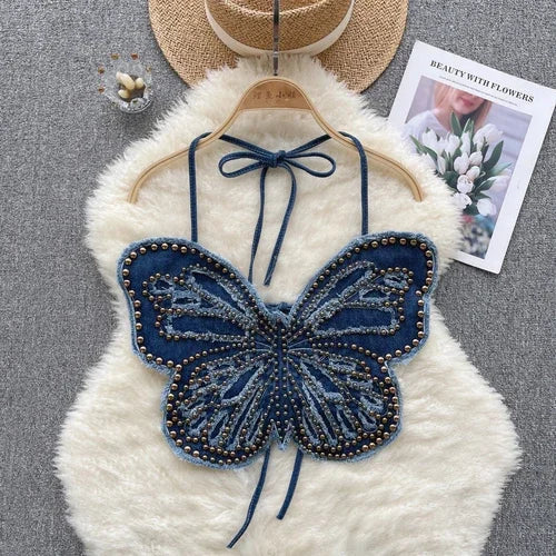 Levoire | Top Court Vintage En Denim Y2K Avec Papillon Bleu foncé Taille unique