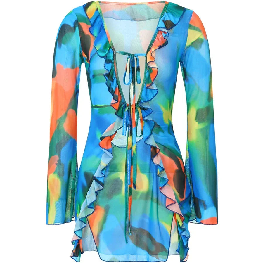 Levoire | Robe Mini À Manches Longues Avec Volants Et Motif Batik Bleu