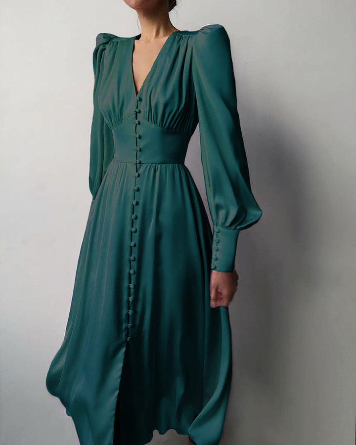 Levoire | Robe Satin Rétro Avec Boutonnage Pour Femmes Vert