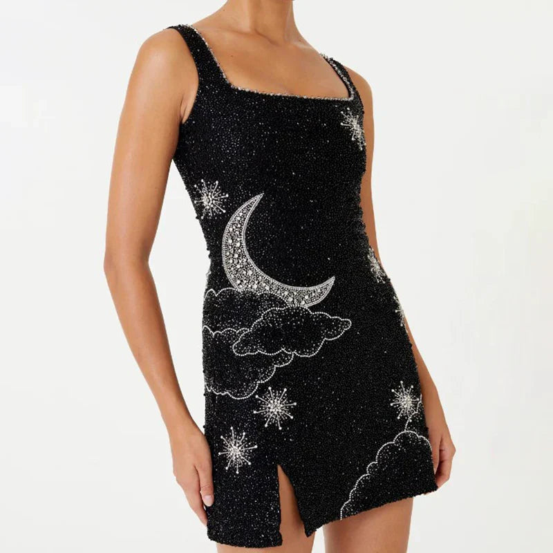 Levoire | Sparkle Ibiza Robe Mini Brodée Noir Nuit Argent Fente Latérale