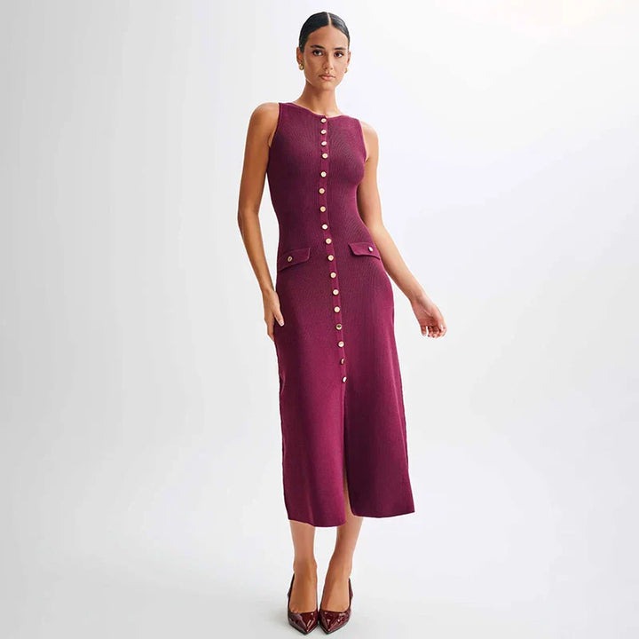 Levoire | Robe Ticotée Elégante Sans Manches Avec Patte De Boutonnage Rouge