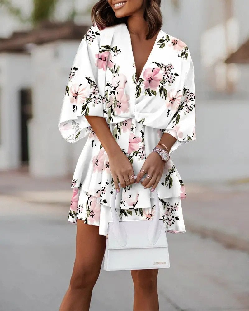 Levoire | Robe Femme À Encolure En V Courte Avec Manches Mi-Longues Blanc