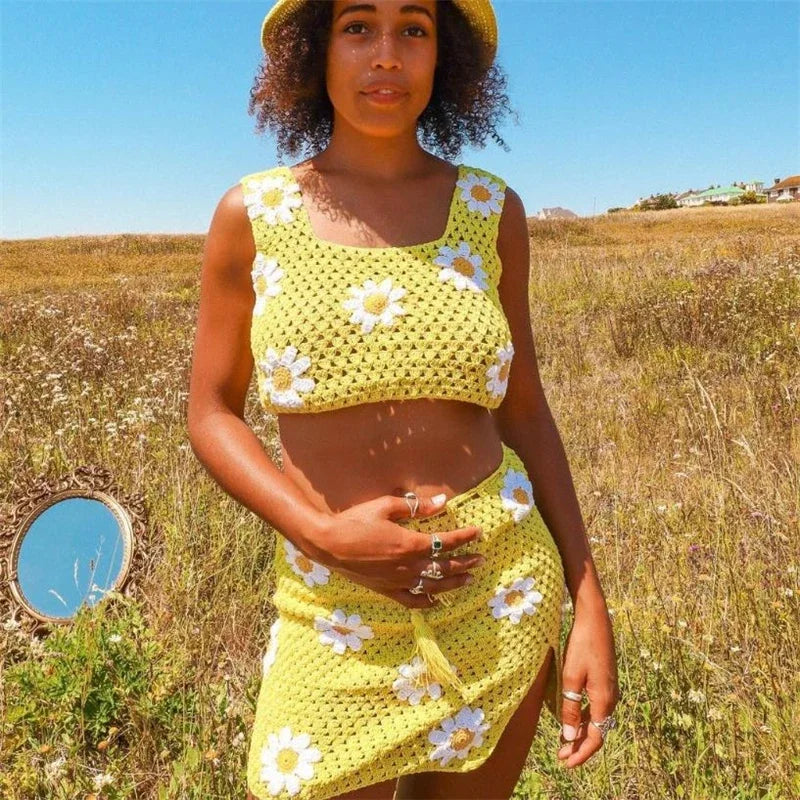 Levoire | Top En Crochet Tricoté Et Ensemble Jupe Love-Fleur Au Design Élégant jaune blanc fleur