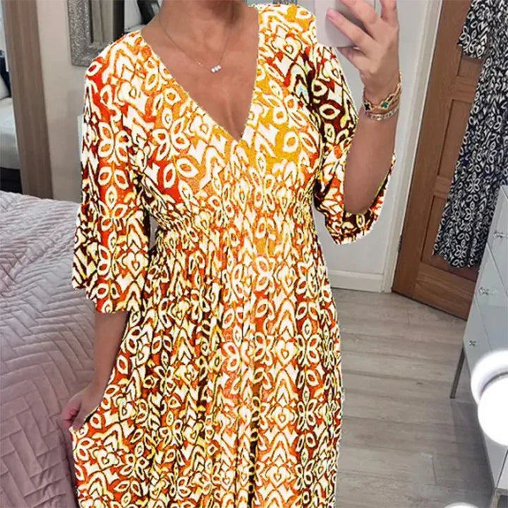 Levoire | Robe Bohème Décontractée Avec Décolleté En V Et Manches 3/4 Jaune