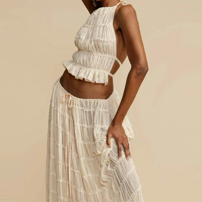 Levoire | Haut Court Plissé Co Ord Jupe Longue À Halter Set Blanc