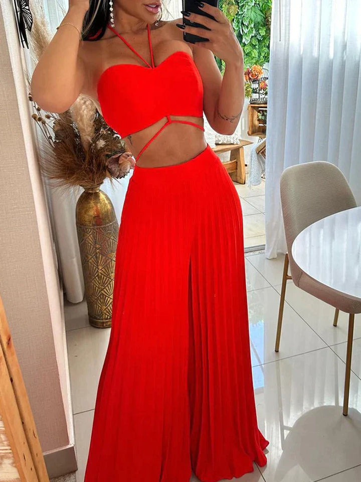 Levoire | Crop Top Rouge Séduisant Et Pantalon Plissé À Jambes Larges