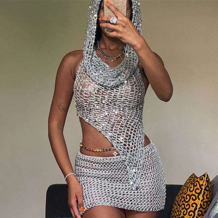 Levoire | Top Court À Capuche En Tricot Pailleté Et Ensemble De Mini-Jupe Argent
