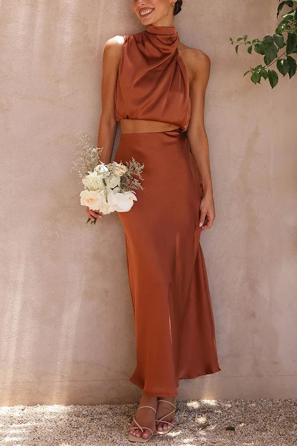 Levoire | Robe Maxi Halter En Satin Chic Pour Femmes Marron foncé