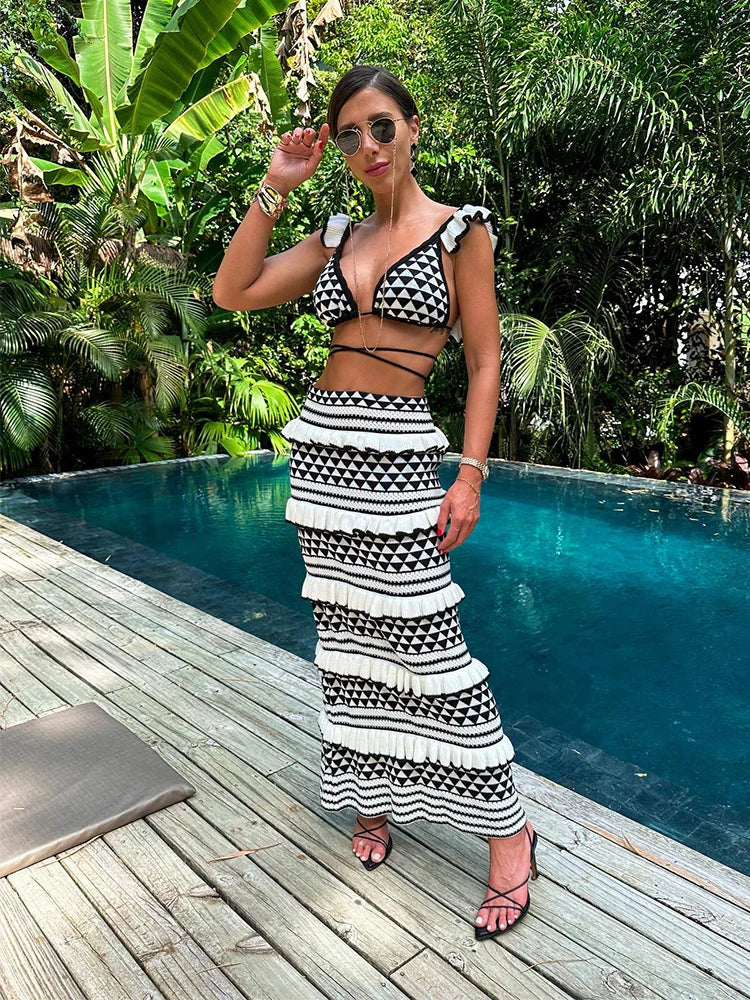Levoire | Bralette Tricot Ruché Enveloppe Jupe Longue Ensemble Noir Blanc