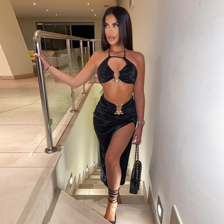Levoire | Crop Satin Sans Manches & Couture Latérale Midi Robes