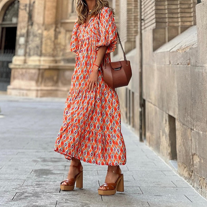 Levoire | Robe Bohème À Encolure En V Avec Manches Bouffantes Orange-Rouge