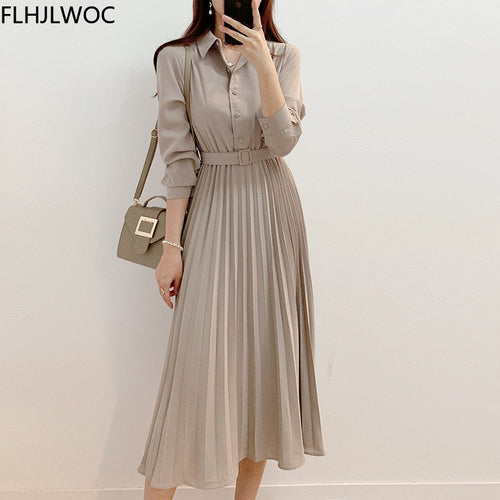 Levoire | Robe Maxi Plissée Taille Haute À Manches Longues Avec Ceinture