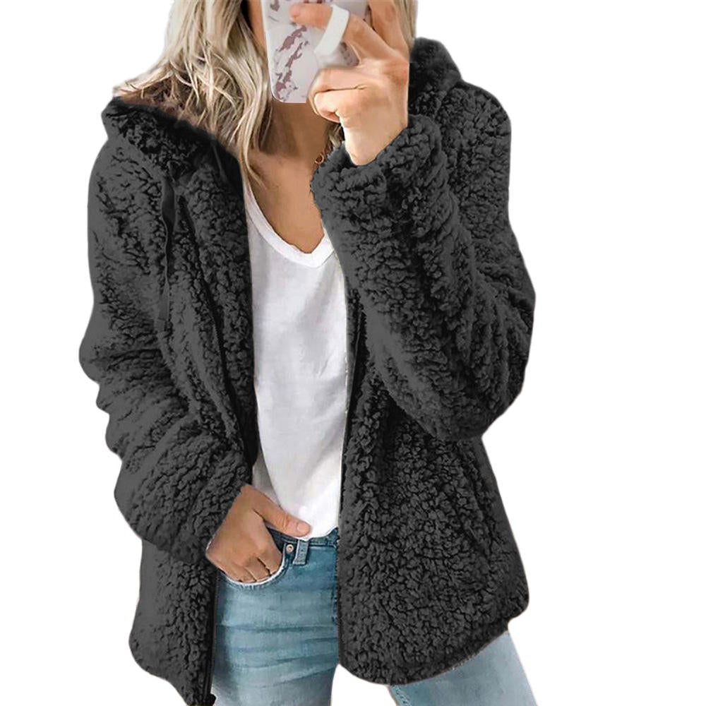 Levoire Mode Femme | Manteau en fourrure élégant en peluche ours : Manteau en polaire doux avec poches et fermeture éclair Noir