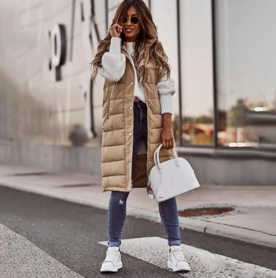Manteau sans manches pour femmes en longueur longue Khaki