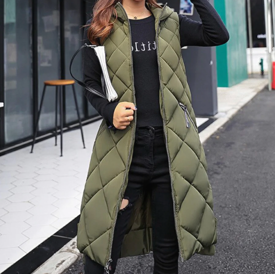 Levoire | Long Puffer Style Quilted Vest With Hood For Women