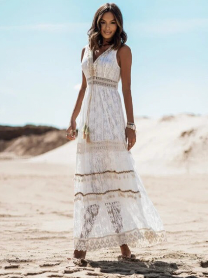 Levoire | Robe Maxi Bohémienne En Dentelle Avec Fente Pour Femmes Blanc