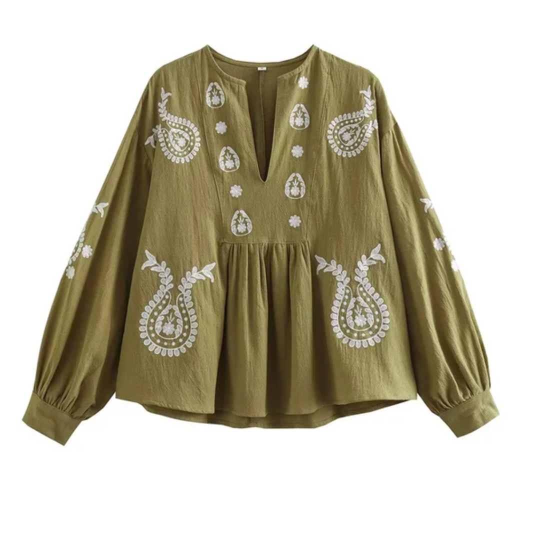 Levoire | Blouse Stylée Avec Une Magnifique Broderie Vert