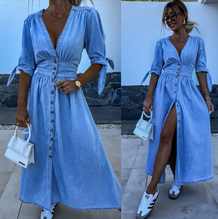 Levoire | Robe Maxi Avec Manches Bouffantes Et Boutonnière Pour Femmes Bleu