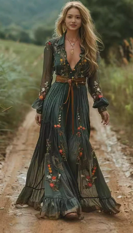 Robe maxi bohème avec décolleté en V | Avriane
