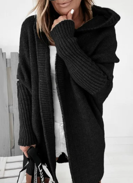Levoire | Manteau à capuche mi-long avec surpiqûres de couleur unie Noir