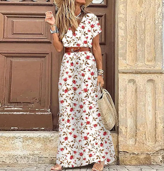 Levoire | Robe Maxi Boho À Col En V À Manches Courtes