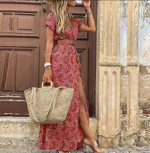 Levoire | Robe Maxi À Col En V À Manches Courtes Rouge