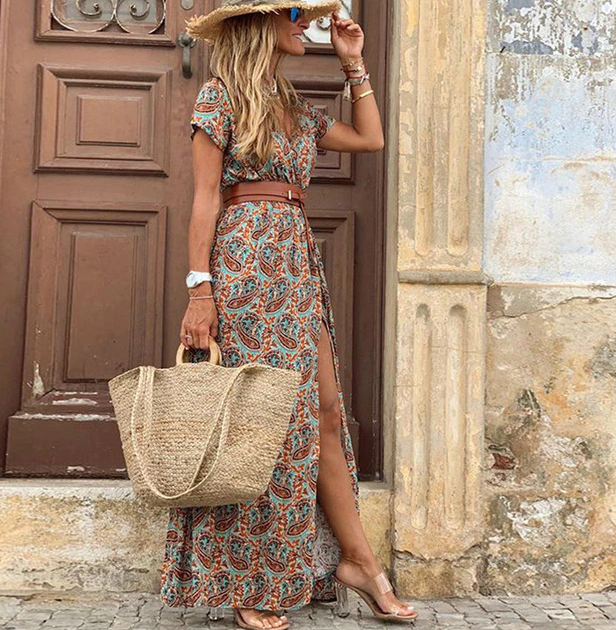 Levoire | Robe Maxi À Col En V À Manches Courtes Marron