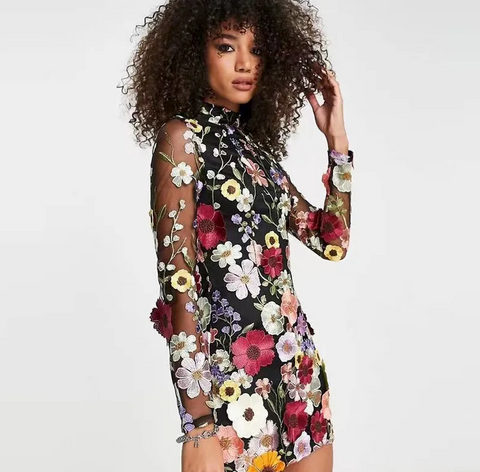Levoire | Robe Mini À Manches Longues Brodée De Fleurs