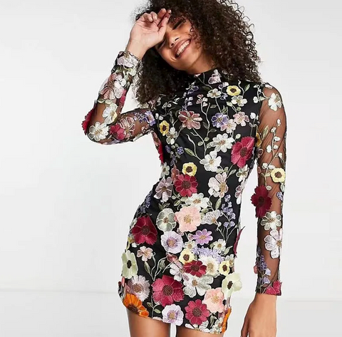 Levoire | Robe Minime à Manches Longues Brodée de Fleurs Noir