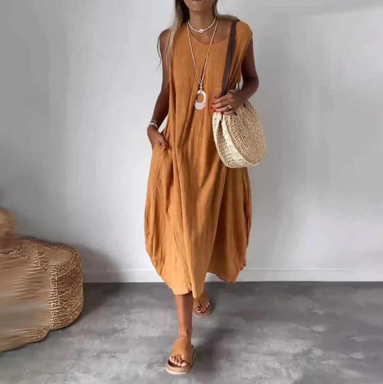 Levoire | Robe Sans Manches Tendance Avec Poche Pour Femmes Jaune