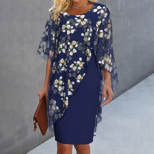 Levoire | Robe Élégante À Couches Avec Des Fleurs Bleu