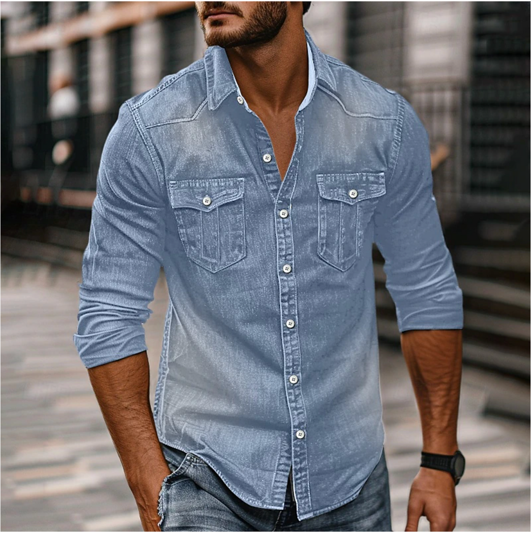 Levoire | Chemise En Denim Avec Boutons Pour Hommes Bleu