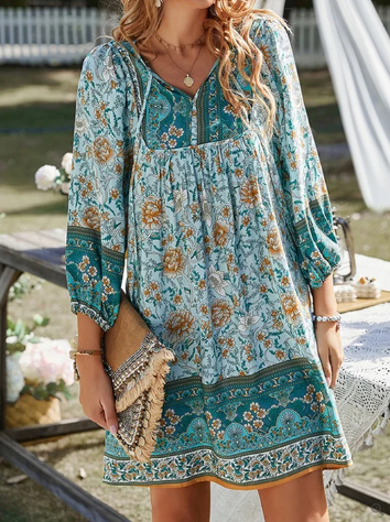 Levoire | Robe Boho Avec Impression Florale Vintage Bleu