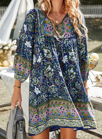 Levoire | Robe Boho Avec Impression Florale Vintage BLEU FONCÉ