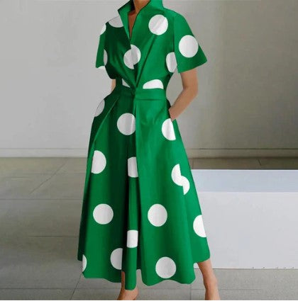 Levoire | Robe Maxi À Pois Verts Avec Manches Courtes