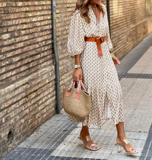 Levoire | Élégante Robe Midi À Manches Longues Avec Impression