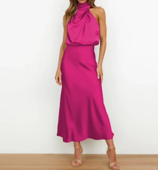 Levoire | Robe Maxi Dos Nu En Satin Vert Champagne Et Noir Rosa