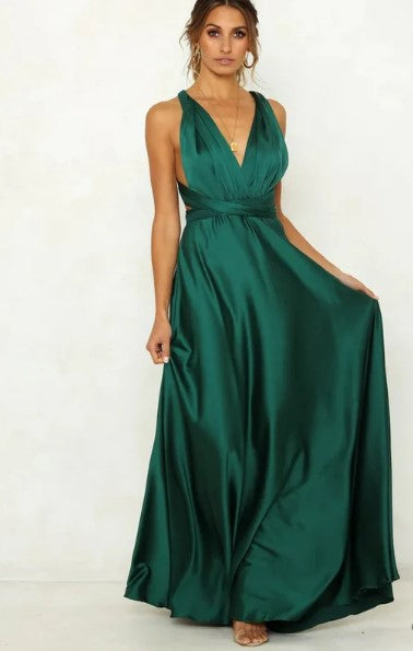 Levoire | Robe Maxi Sans Manches En Satin Avec Décolleté En V Et Taille Fine Vert