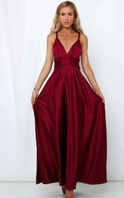 Levoire | Robe Maxi Sans Manches En Satin Avec Décolleté En V Et Taille Fine Rot