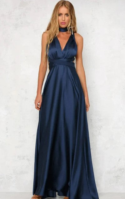 Levoire | Robe Maxi Sans Manches En Satin Avec Décolleté En V Et Taille Fine Bleu