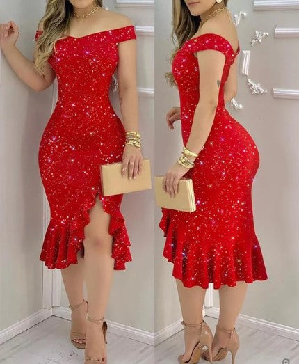 Levoire | Robe Cocktail Brillante Sans Épaules Rouge 1