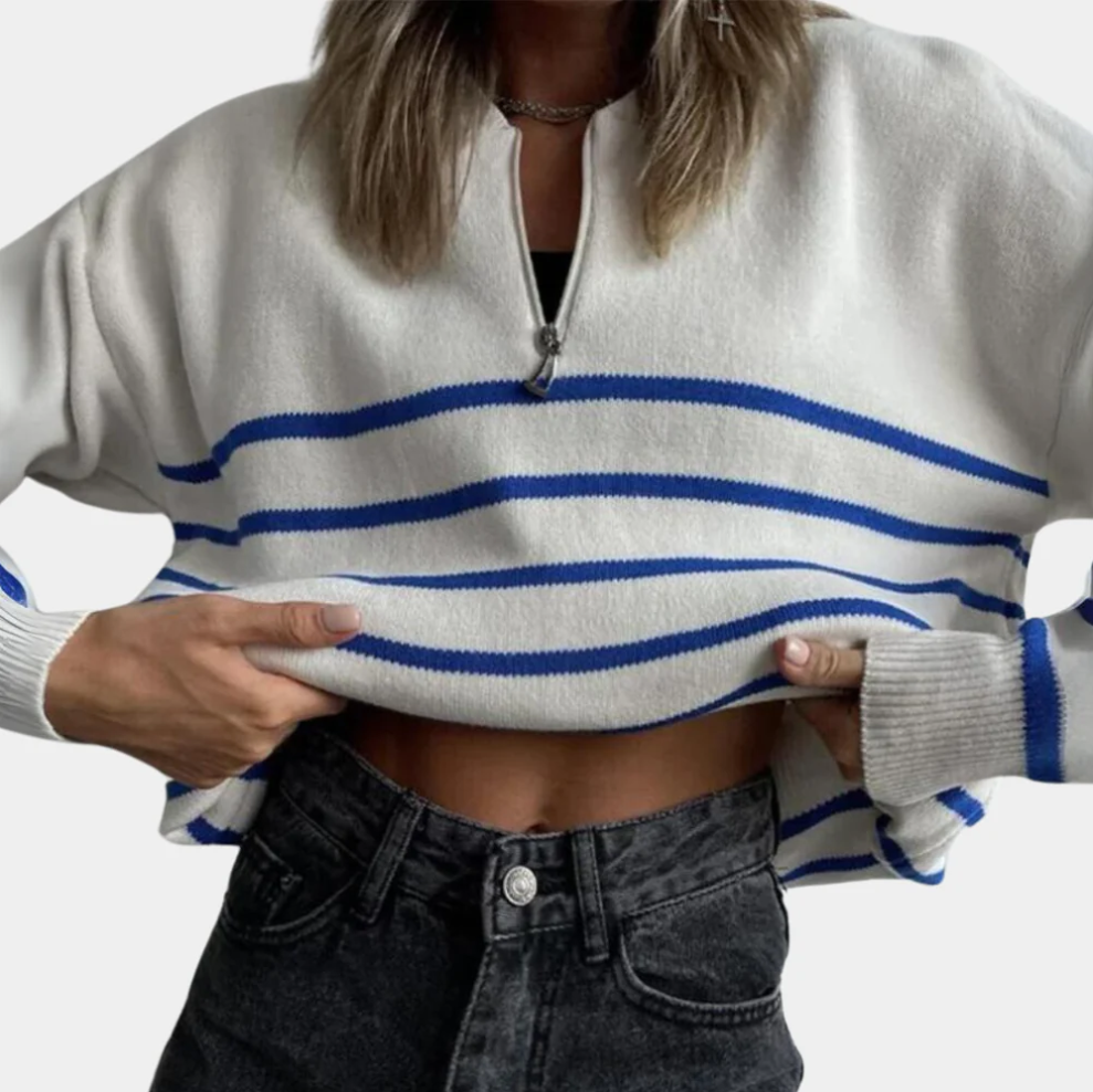 Levoire | Pull Femme Rayé Avec Fermeture Éclair Bleu