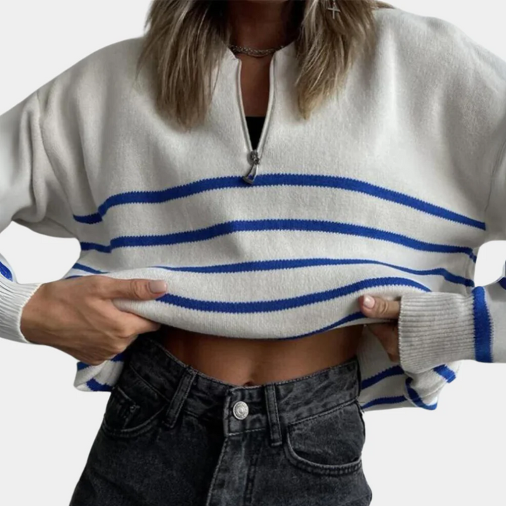 Levoire | Pull Femme Rayé Avec Fermeture Éclair Bleu