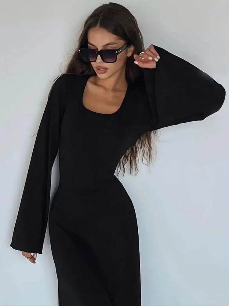 Levoire | Robe Maxi Côtelée Unie pour Femme Noir