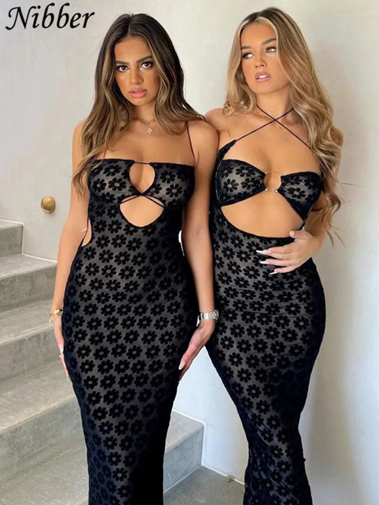 Levoire | Robe Maxi À Bretelles Spaghetti Motif Noir
