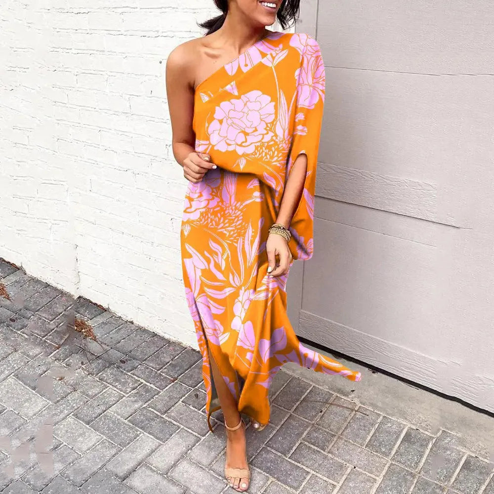 Levoire | Robe Maxi À Épaule Unique Fleurs Pour Femmes Orange-Rosa