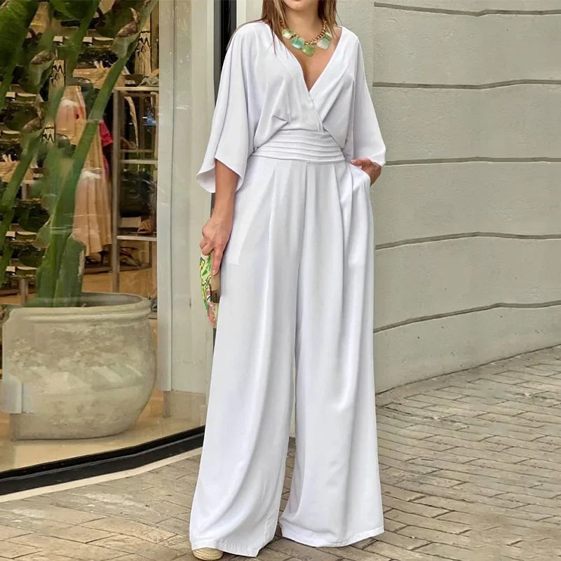 Levoire | Combinaison Élégante Avec Jambes Larges Couleur Unie Blanc