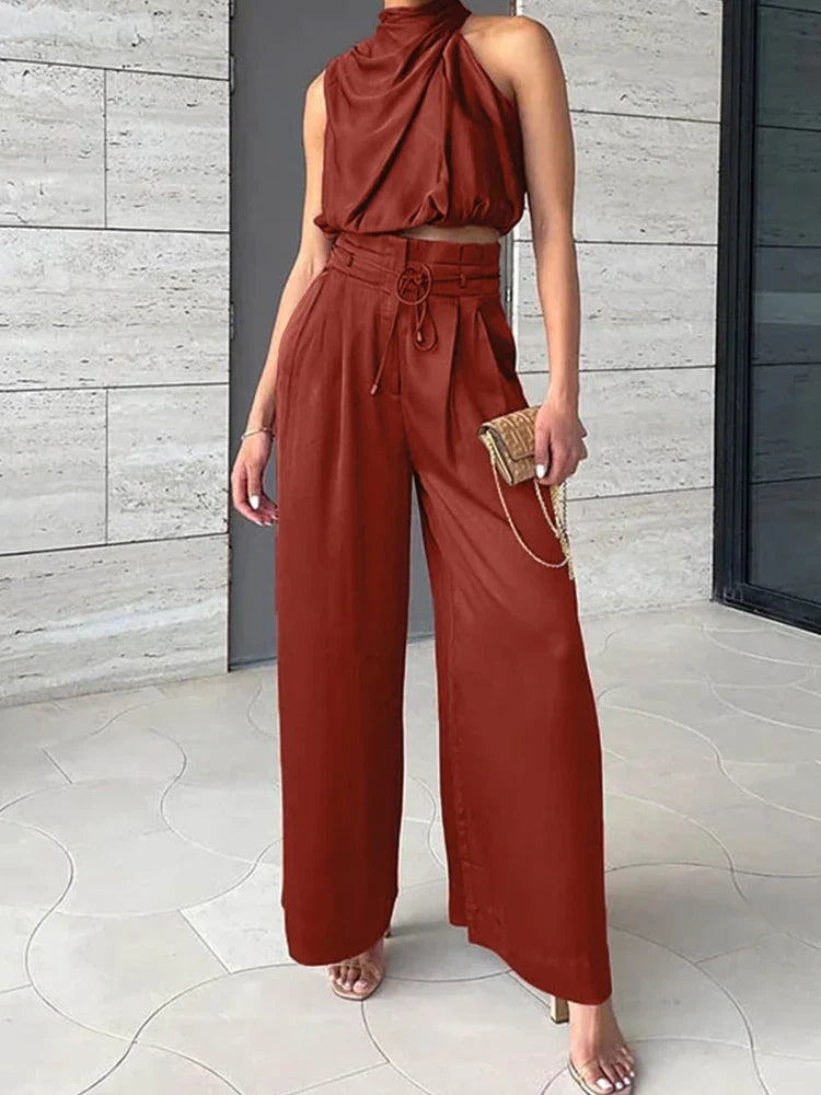 Levoire | Élégant Haut Sans Manches Tendance Avec Plis Et Pantalon À Jambes Larges Pour Femmes Rot